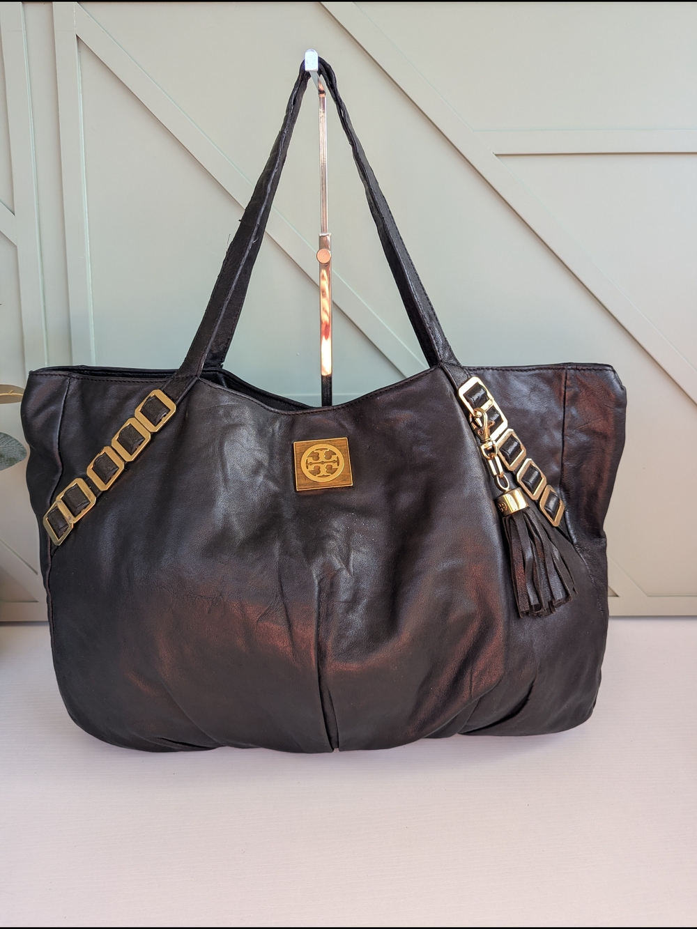 Tory Burch Black Leather Gold-Accent Tassel Tote